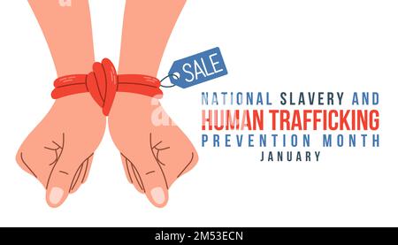 National slavery and human trafficking prevention month concept. Banner with hands in ropes handcuffs and text. Stock Vector