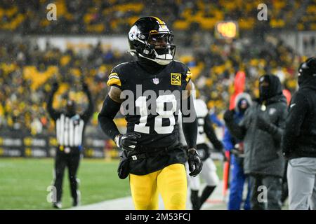Pittsburgh, Pennsylvania, USA. 24th Dec, 2022. December 24th, 2022 Pittsburgh Steelers wide receiver Diontae Johnson (18) during Pittsburgh Steelers vs Las Vegas Raiders in Pittsburgh, PA. Jake Mysliwczyk/BMR (Credit Image: © Jake Mysliwczyk/BMR via ZUMA Press Wire) Stock Photo