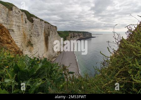 View from Pointe de la Courtine at the Alabaster coast with beach Plage du Tilleul on a cloudy summer day, Etretat, Normandy, France Stock Photo