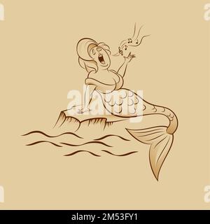 Mermaid Character Sit on Rock and Singing Song with Eyes Closed. Cute Cartoon Character for Emoji, Sticker, Pin and Other Badges Stock Vector