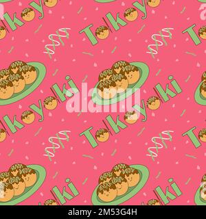 Asian dish - takoyaki. Octopus balls. Japanese kitchen. Cute character. Seamless doodle illustration. Fabric design, wrapping paper or background Stock Vector