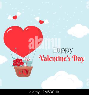 Heart shape a hot air balloon, a gift box, and a roses bouquet. Happy Valentine's day vector illustration. Stock Vector