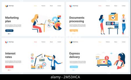 Express delivery of parcels, processing of documents and orders, interest rate and marketing plan set vector illustration. Cartoon tiny people work with fast shipment service, calculate data Stock Vector
