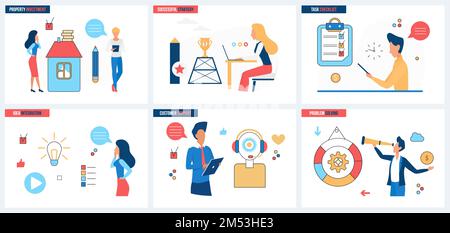 Idea integration, success of real estate investment strategy, customer support problem solving set vector illustration. Cartoon tiny people invest money in property, work on business tasks in list Stock Vector