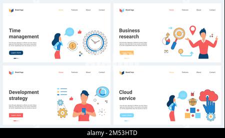 Time management, business strategy development, efficiency and research, cloud service set vector illustration. Cartoon tiny people work and develop projects with clock, phone and magnifying glass Stock Vector