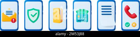Phone 3d icons, mobile payment and digital documents. Isolated smartphone, mail agent and technology security. Incoming call, cards and bill on vector Stock Vector