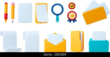 Office 3d icons, plastiline design. Isolated email, data folders and empty receipt or bill templates. Yellow mail letters, winner rozette. Vector Stock Vector