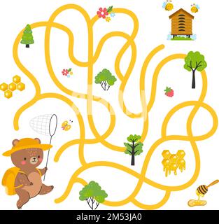 Children maze game, kids labyrinth. Path finding graphic art for kid play. Forest cartoon bear find ways to honey. Child magazine nowaday vector page Stock Vector