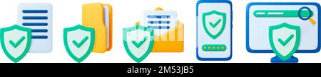 Cyber and office security 3d icons. Yellow data folder and email icon, document with protective shield. Antivirus, web safety search, vector set Stock Vector