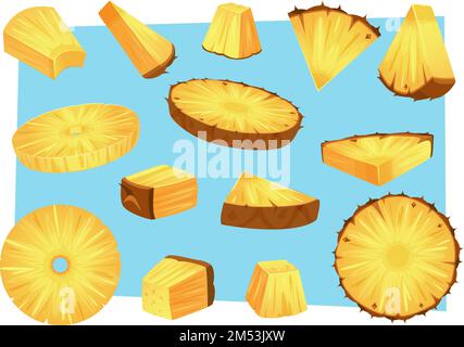 Pineapples. Sliced cartoon natural fruits tropical pineapple pieces collection juicy annanas exact vector templates Stock Vector