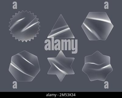 Transparent stickers. Realistic sticky labels various geometrical shapes glass wrinkles surface decent vector template Stock Vector