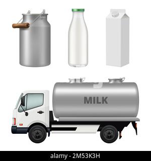 Milk containers. Glass bottles metal cans for dairy products from farm industry decent vector realistic milk food Stock Vector