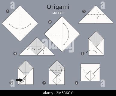 Origami tutorial. Origami scheme for kids Envelope. Stock Vector