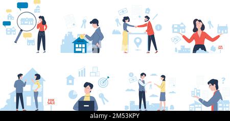 Real estate service scenes. Sale and choose buildings, properties agents. Property projects, rental business recent vector concept with characters Stock Vector