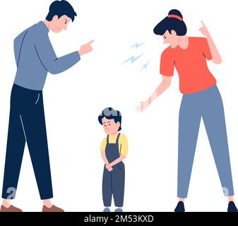 Child abuse in family. Parents violent on kid, scream mother and father. Alone boy and angry parents. Cartoon abusive couple recent vector scene Stock Vector