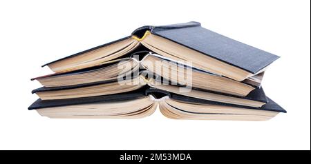 Open books stack, literature, classic novels in hard back cover isolated on white background. High quality photo Stock Photo