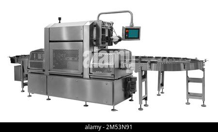 Automatic packing machine. Filling equipment. Packing in a transparent cellophane film. Designing machines for the food industry isolated on white bac Stock Photo