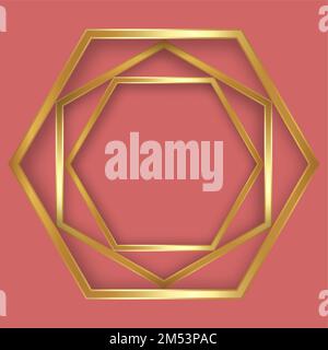 Golden style thin hexagons luxury frame on the old pink background. Perfect design for headline, logo and sale banner. Vector illustration Gold sign Stock Vector