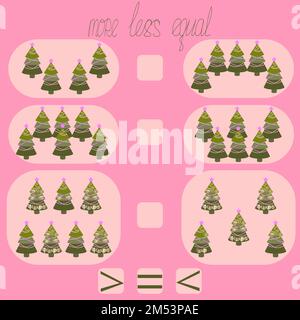 count the Christmas trees in the picture and put a sign more, less or equal Stock Vector