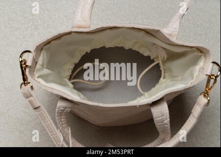 Open inside hand bag above top view close up view Stock Photo