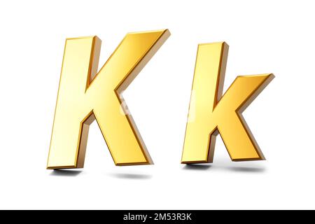 A 3d illustration of letter K in gold metal on a white isolated background, capital and small K letter Stock Photo