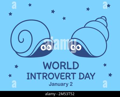 World Introvert Day illustration. Two cute cartoon snails hiding in their shells. Vector drawing. Stock Vector