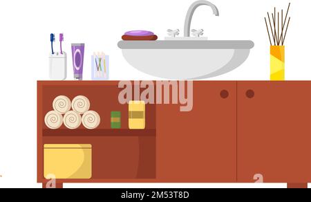 Bathroom interior - cabinet, sink, towels and hygiene items. Vector illustration.  Stock Vector