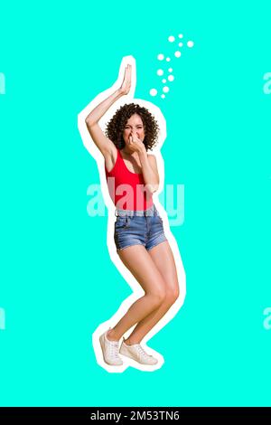 Vertical collage picture of positive pretty girl arm fingers close nose dancing partying isolated on turquoise background Stock Photo