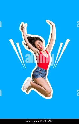 Vertical collage image of cheerful carefree girl raise arms jumping have good mood isolated on blue background Stock Photo