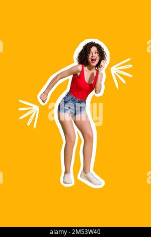 Vertical collage portrait of excited overjoyed girl dancing clubbing isolated on drawing yellow background Stock Photo