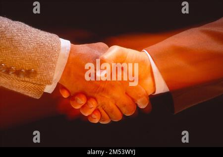 Close up of two businessmen shaking hands, blurred warm image Stock Photo