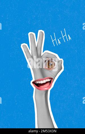 Photo collage artwork minimal picture of smiling happy face inside arm showing okay hahaha isolated drawing background Stock Photo