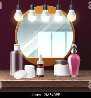 Realistic makeup mirror. Salon round mirror in wooden frame and light bulbs illumination, dressing room, vanity table with parfum and cream, lotion Stock Vector