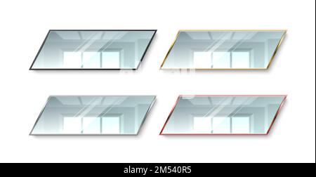 Realistic mirrors colors frames. Different metal frames, gold, silver and bronze, blurry glass reflection, modern home wall hanging decor, trapezoid Stock Vector