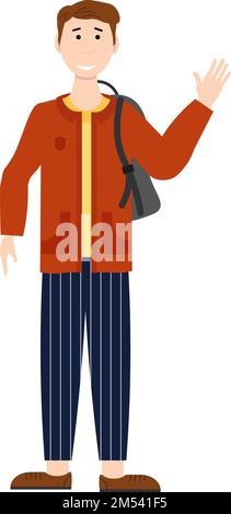 A young man waves his hand in greeting. Vector illustration Stock Vector