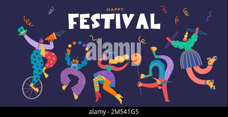 Happy Carnival, Festival and Circus event design with funny artists, dancers, musicians and clowns. Street art, carnival concept design. Colorful Stock Vector