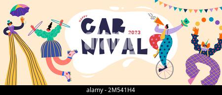 Happy Carnival, Festival and Circus event design with funny artists, dancers, musicians and clowns. Street art, carnival concept design. Colorful Stock Vector