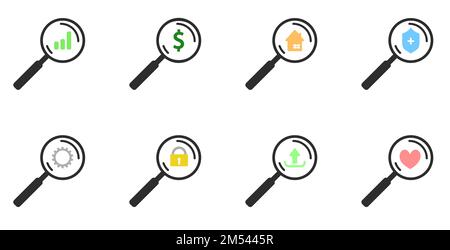 Eight magnifiers show a variety of icons. A blank for the website and design. Conceptual icons. Stock Vector