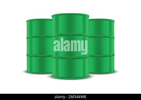 Vector 3d Realistic Three Green Barrels, Hazard Liquid. Caution Barrel, Radioactive, Hazardous Chemical Materials, Toxic Pollution, Many Danger Stock Vector