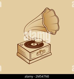 Aged Brass Gramophone Isolated on the Cartoon Style Pen on old Paper. Trendy Design Element for Posters, Web and Coloring Page Stock Vector
