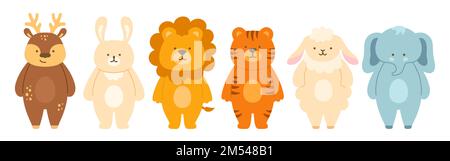 Cute wild animals cartoon baby set. Childish safari character lion, tiger elephant, deer, sheep and rabbit. Funny jungle kid wildlife collection. Illustration print template for kid card, poster cover Stock Vector