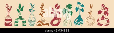 Tropical leaves and herbs in vase or ceramic pot, jug or jar bottles doodle set. Cozy home decor handmade boho engraving pottery form. Abstract various vases stencil, hand drawn vessel. Trendy vector Stock Vector