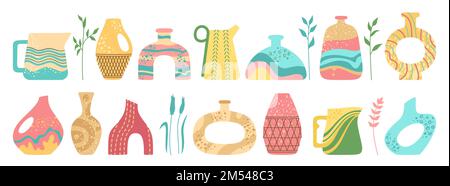 Vase and ceramic pot, jug or jar bottles silhouette set. Cozy home decor handmade boho pottery form and branch leaves. Antique various shape vases, hand drawn vessel. Trendy art vector illustration Stock Vector