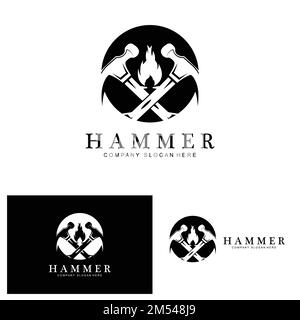 hammer, building construction tools and judge logo vector icon, vintage retro design illustration Stock Vector