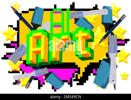 Ai Art. Pixelated word with geometric graphic background. Vector cartoon illustration. Stock Vector