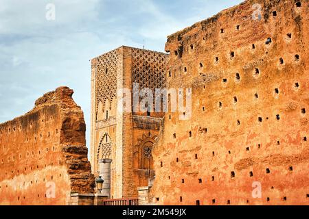 Hassan Tower, unfinished minaret, remains of the Great Mosque wall, Rabat, Rabat-Sale-Kenitra, Morocco Stock Photo