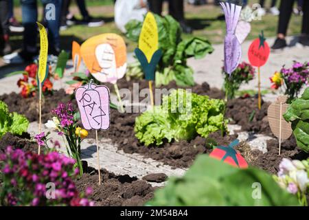 Buenos Aires, Argentina, Sept 21, 2021: protest activity of the UTT, Land Workers Union, demanding the Land Access Law and defending agroecology, fres Stock Photo