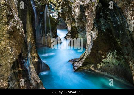 Mountain river Soca flows through narrow canyon, Soca Valley, Triglav National Park, Bovec, Slovenia Stock Photo