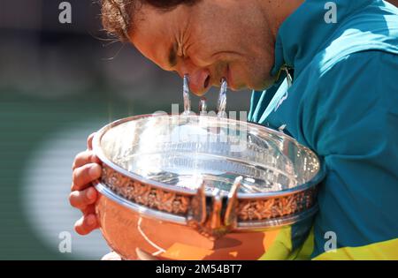 Beijing, China. 5th June, 2022. File photo taken on June 5, 2022 shows Rafael Nadal of Spain holds his trophy during the awarding ceremony after the men's singles final match between Rafael Nadal of Spain and Casper Ruud of Norway at the French Open tennis tournament at Roland Garros in Paris, France. Nadal won his 14th French Open title, making him the first player in the Open era to win 22 Grand Slam men's titles. Credit: Gao Jing/Xinhua/Alamy Live News Stock Photo