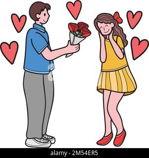 Hand Drawn man giving flowers to woman illustration isolated on background Stock Vector